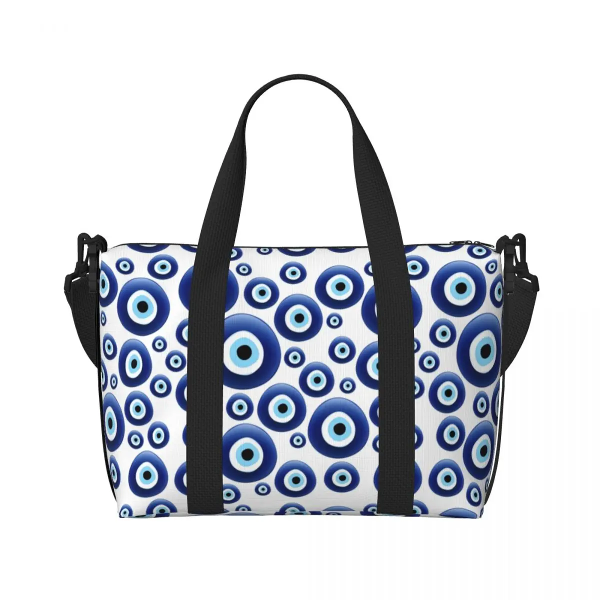 Custom Mediterranean Evil Eye Protection Tote Bag Women Large Capacity Lucky Charm Amulet Hamsa Gym Beach Shoulder Travel Bag