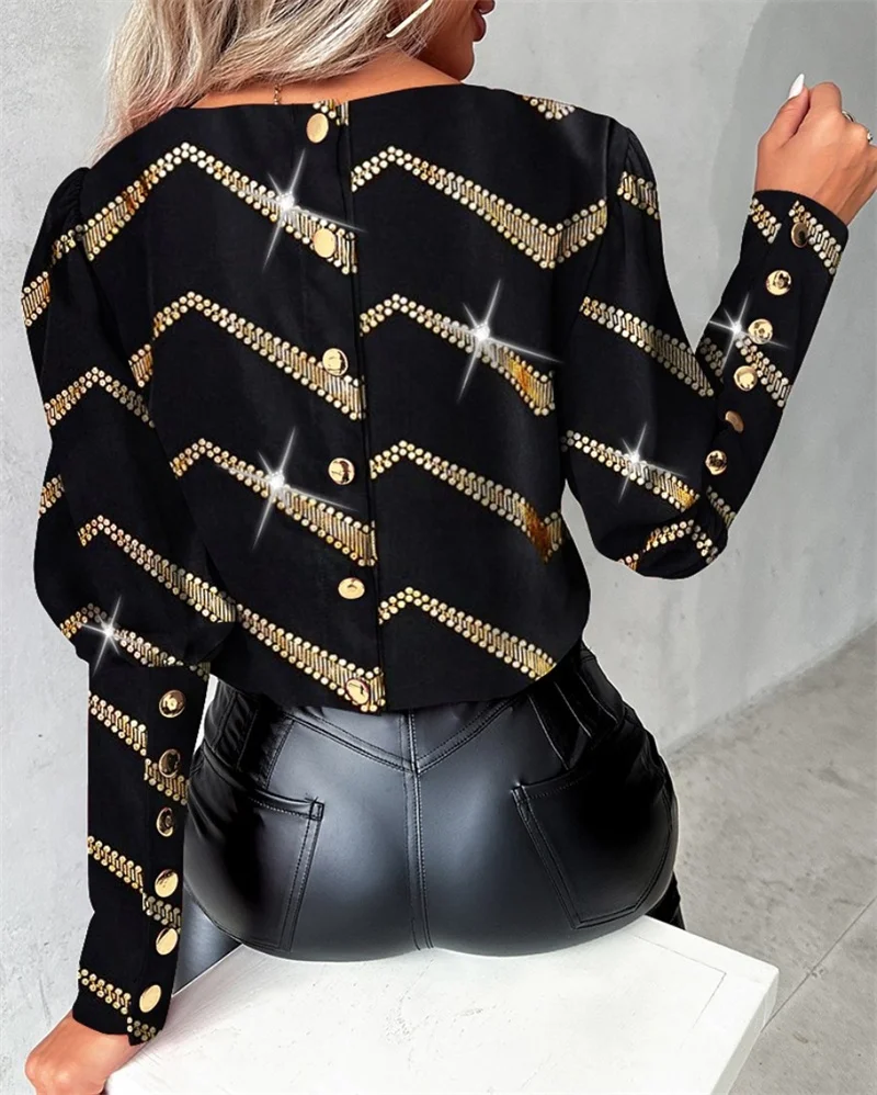 Spring Summer Striped Long Sleeve Shirts For Women 2024 Fashion Print Loose Button Crew Neck Tops Office Ladies Blouses Autumn