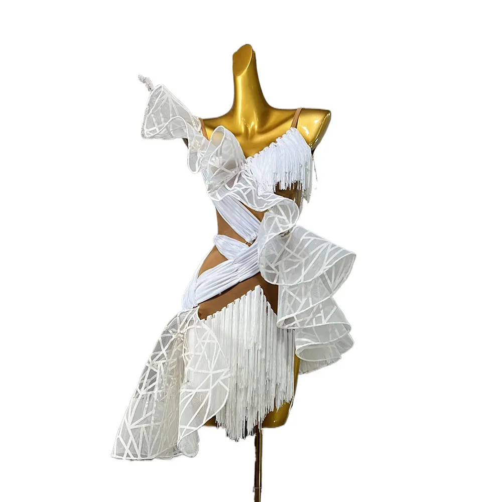 Robe de Concours de brevLatine, Standard National, Haut de Gamme, Personnalisée, Fleurs Blanches Pures, Style Samba