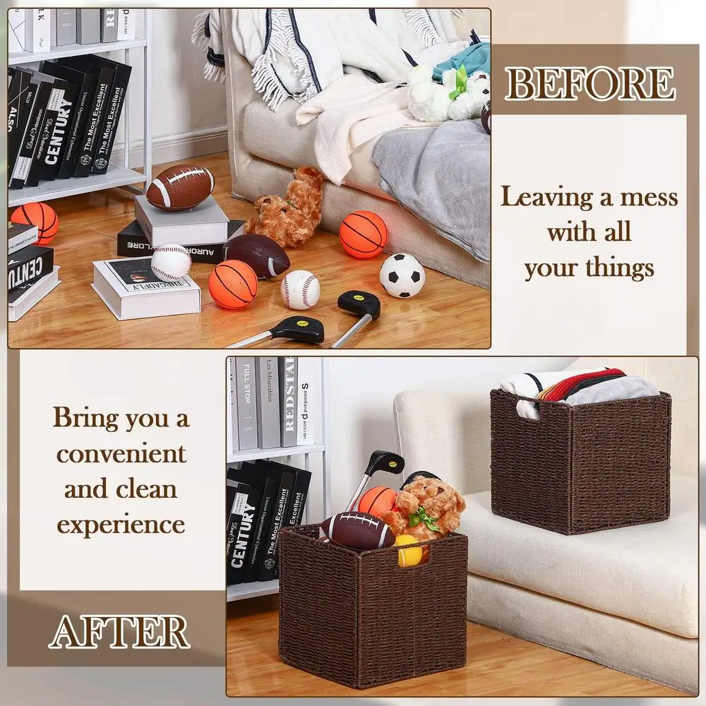 6-Pack Hand-Woven Willow Rattan Storage Baskets Collapsible Wicker Cube Bins 11x11x11 Inch