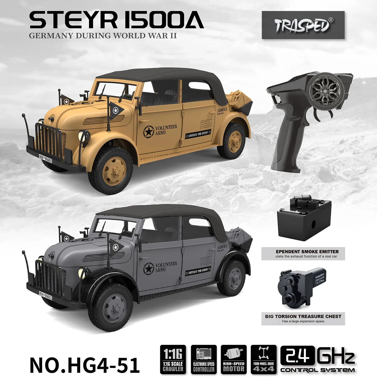 HG 1/18 RC Off-road Vehicles 4x4 Remote Control Command Vehicle 2.4G Model with Smoke Unit Light Sound RC Toy Gift TH23880