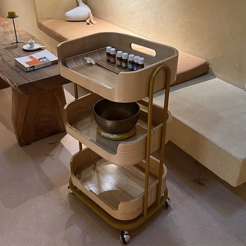 

Solid Wood Organizer Cart with Wheels Removable Landed Storage Rack Aesthetic Simple Auxiliary Cart Beauty Salon Home Shelf