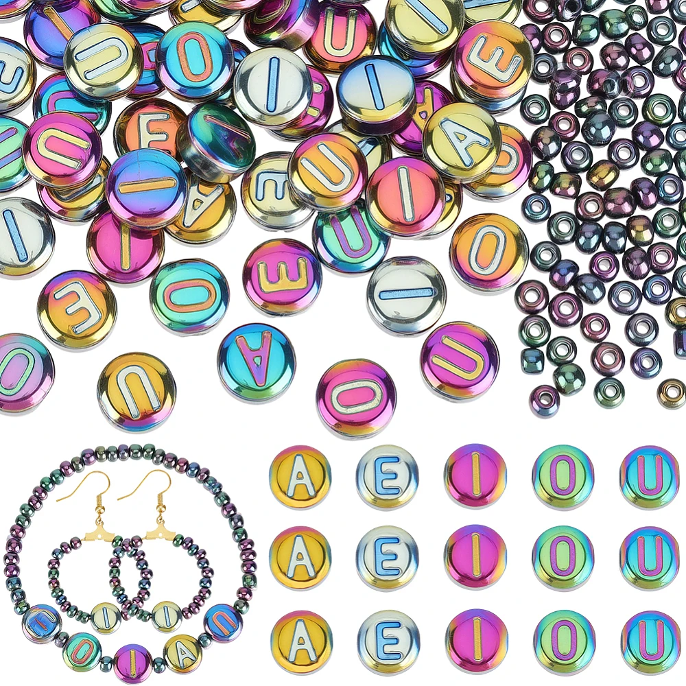 1 Box 300pcs 10mm Glass Letter Beads with Rondelle Seed Beads Flat Round Vowel Alphabet A E I O U Electroplated Rainbow Plated