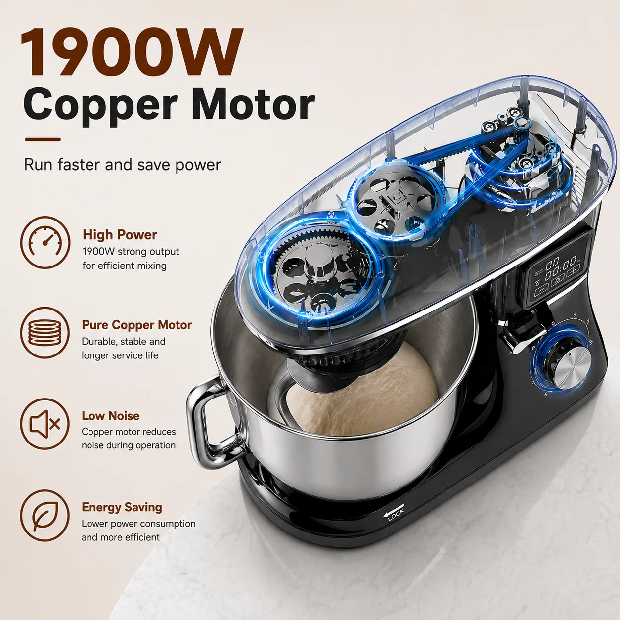 Impastatrice da cucina da 6,5 litri, potente impastatrice da 1900 W con display digitale a LED, impastatrice elettrica a 6 velocità con testa inclinabile, impastatrice multifunzione con gancio per