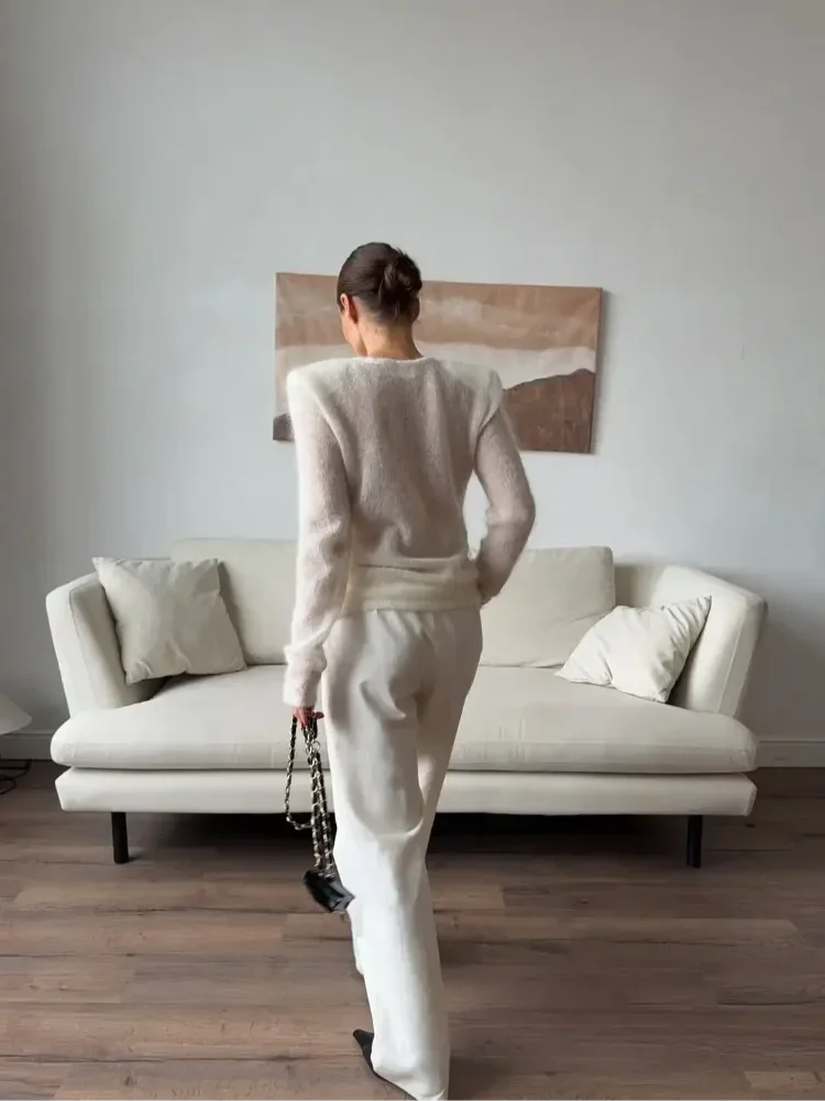 Women Solid See Through Knitted Pullover Sexy Round Neck Full Sleeve Slim Fit Thin Sweater 2025 High Street New Knitwear Fashion