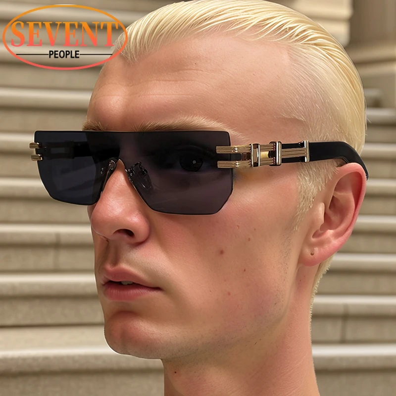 

One-Piece Rimless Rectangle Sunglasses Men Women 2024 Luxury Brand Vintage Small Frame Steampunk Shield Shades Eyewear For Male