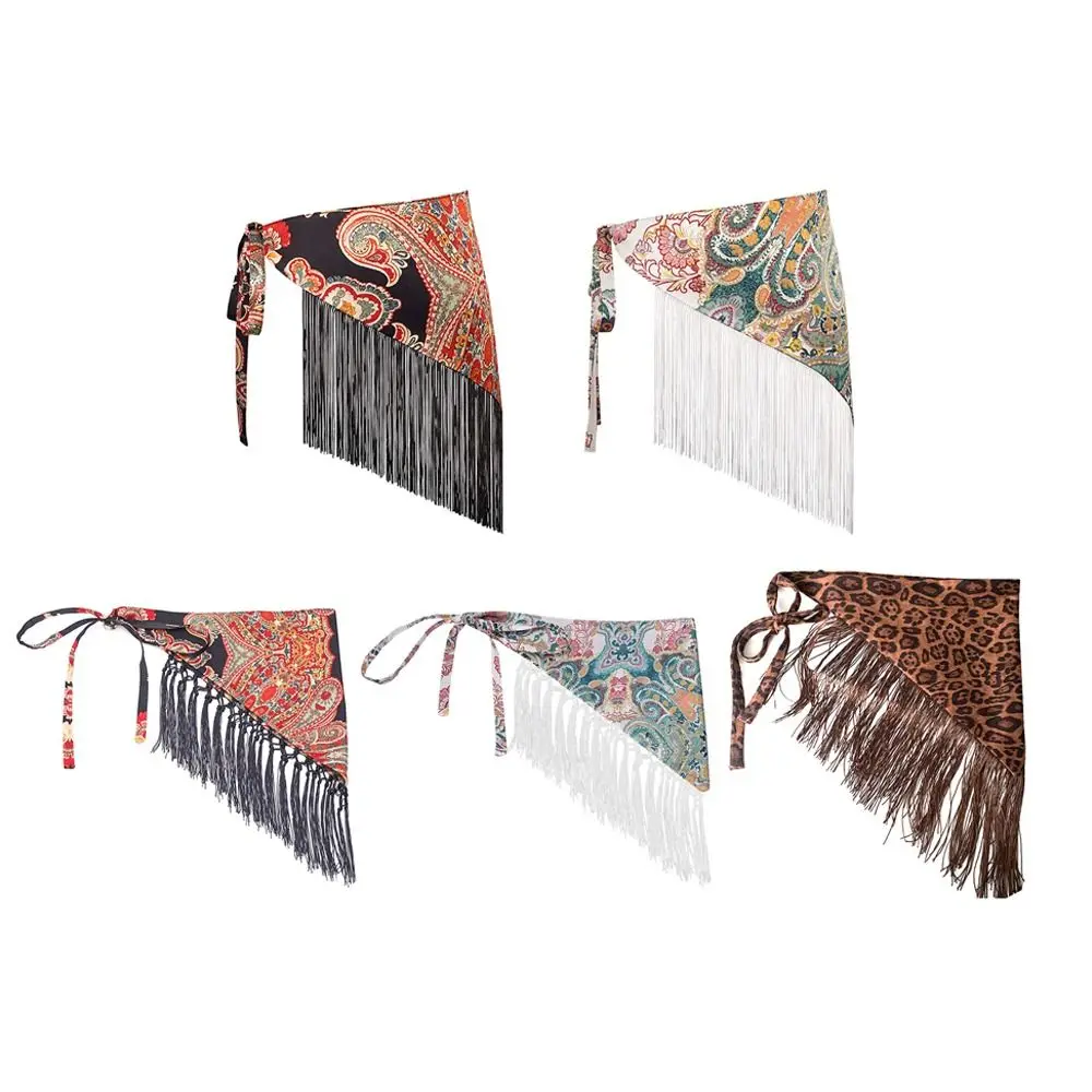 Ethnic Triangular Waistband Millennial Spice Girl Style Tassel Tassel Hem Skirt with Wide Belt Exquisite Retro Style