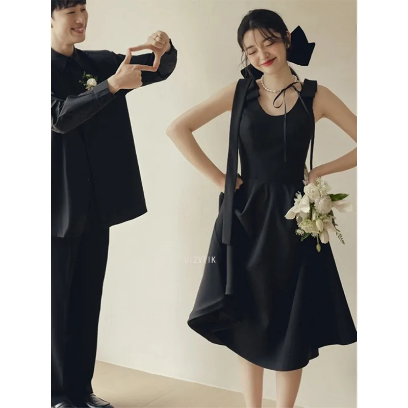 Vestidos de novia cortos simples negros Corea cuello cuadrado fotos sesión vestidos 2025 vestidos de novia de una línea personalizados vestido de fiesta Formal