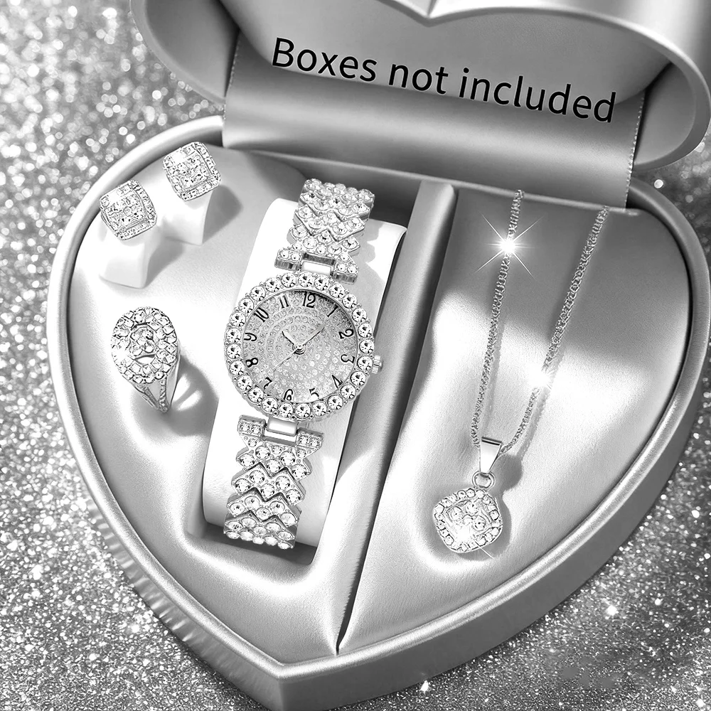 5-teiliges Luxus-Strass-Quarzuhr-Set für Damen, Strass-Schmuckset, elegante Damen-Armbanduhren (ohne Box)