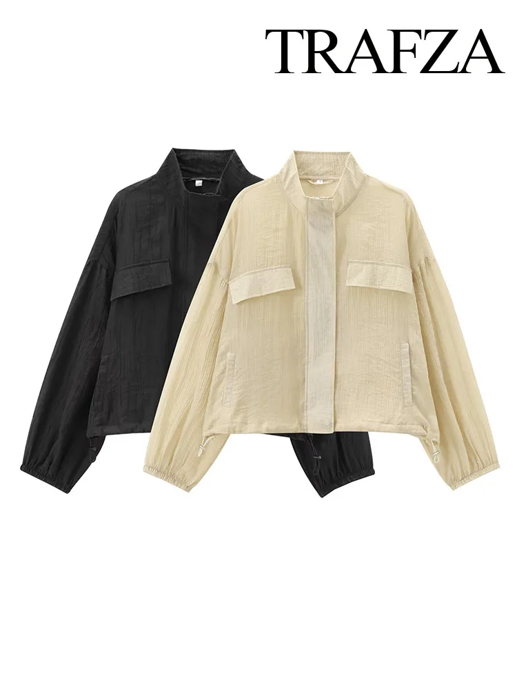 

TRAFZA Summer Women Clothing Casual British Style Short Pleated Translucent Coat Lapel Zipper Pocket Women Street Coat Mujer