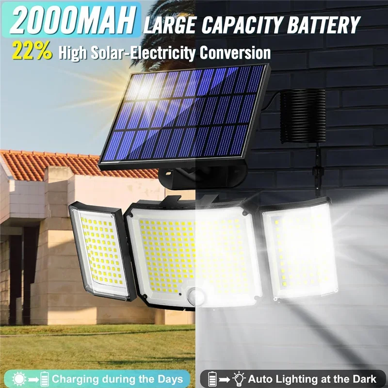 Solar Outdoor Lights 346 LED Security Lights with Remote Control,3 Heads Motion Sensor Lights, IP65 Waterproof Flood Wall Lights