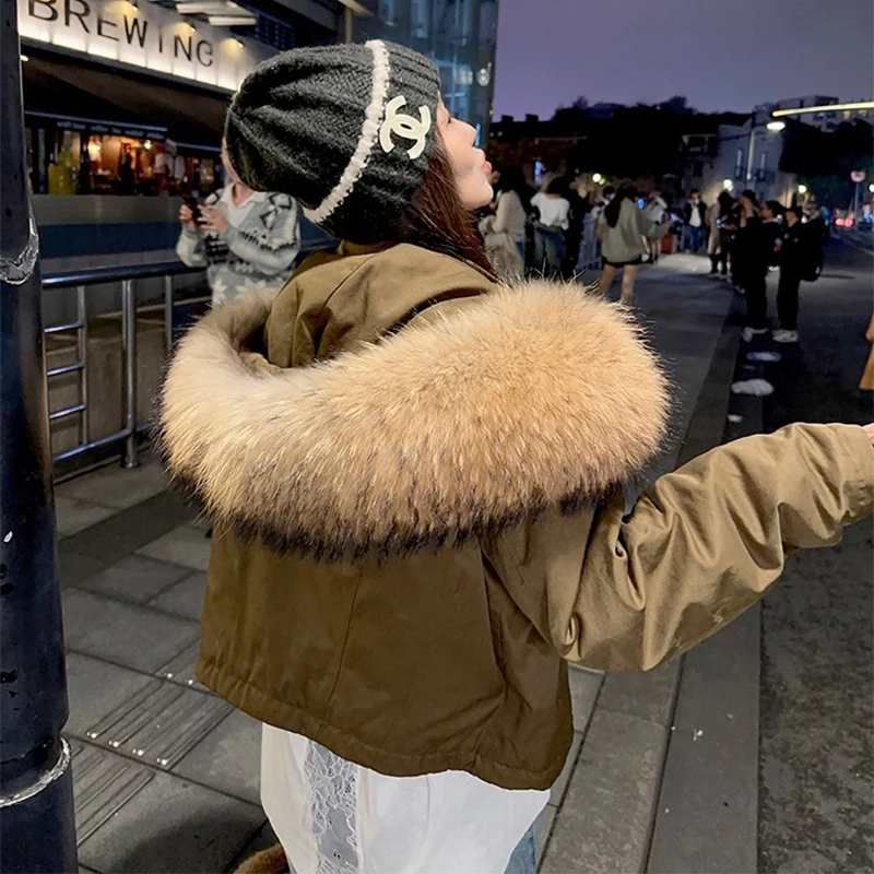 새로운 도착한 여성 이동식 분리형 큰 진짜 너구리 모피 칼라 파카 따뜻한 다운 재킷 느슨한 특대 파카 까마귀 코트