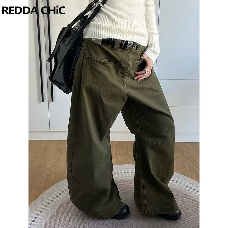 ReddaChic Boyfriend Wide Leg Barrel Pants Women Army Green Pockets High Waist Oversize Cargo Jeans Loose Casual Vintage Workwear