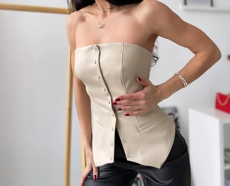 

Women's Tank Top New Summer 2025 Elegant PU Leather Strapless Sexy Backless Straight Neck Tight Fitting Small Chest Vest Female