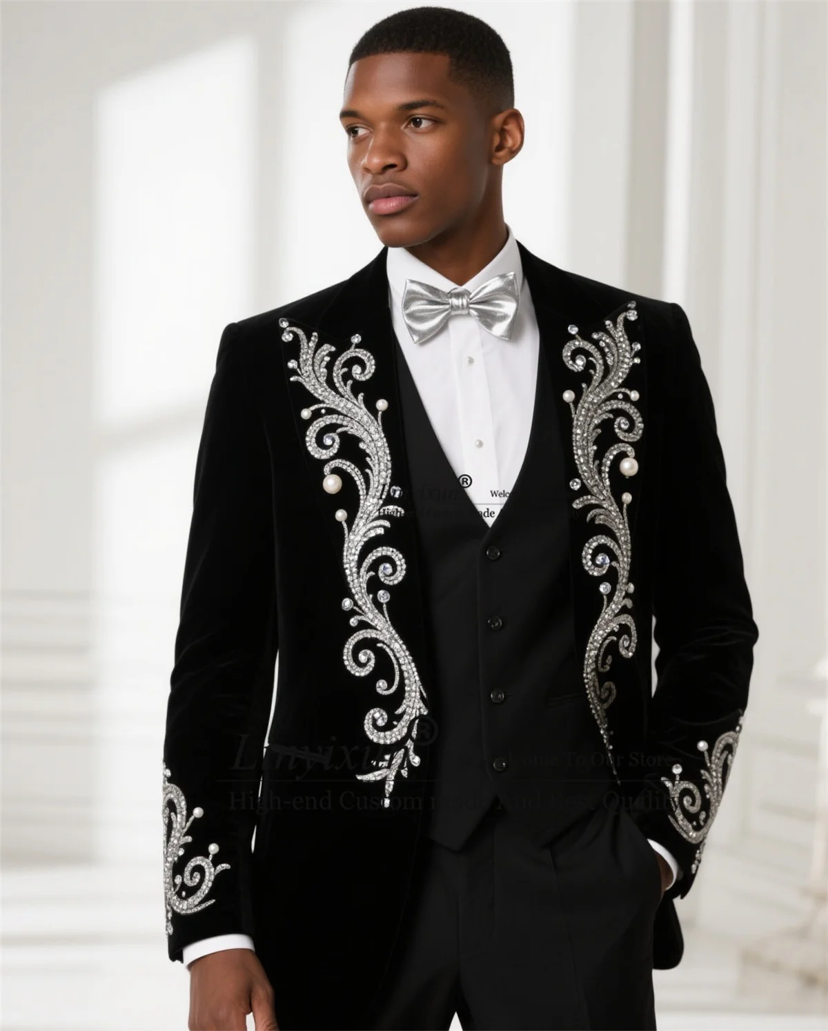 

Formal Velvet Ornament Diamond Men Suit Customized Slim Fit Wedding Groom Blazers Glitter 3 Pieces Set Tuxedos Ropa hombre