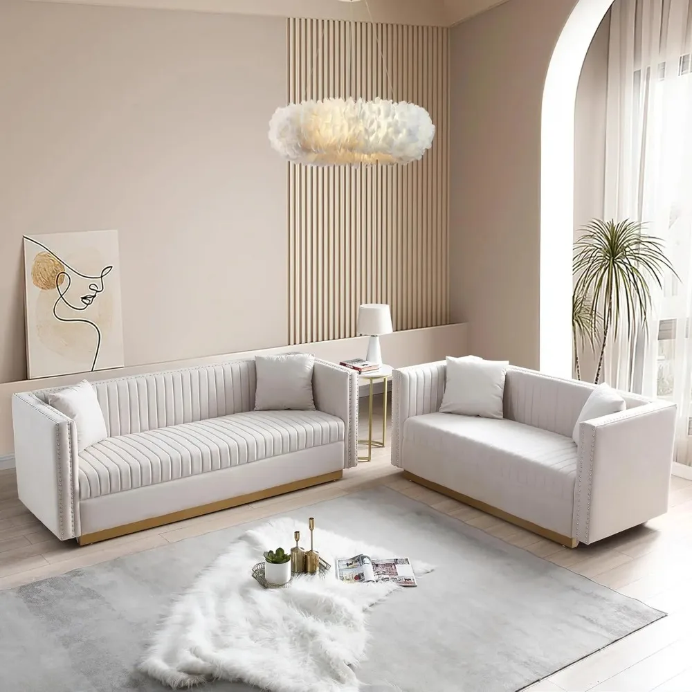 

Luxury Velvet Sofa Set for Living Room,with Nailhead Gold Metal Legs and 4 Pillows for Bedroom, Luxury Velvet Sofa