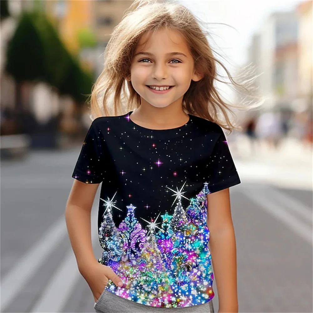 Albero di Natale 3d Stampa T-shirt Estate Nuovo Casual T-shirt per bambini Simpatico cartone animato Moda Ragazza Vestiti Manica corta Tees Ragazze Top