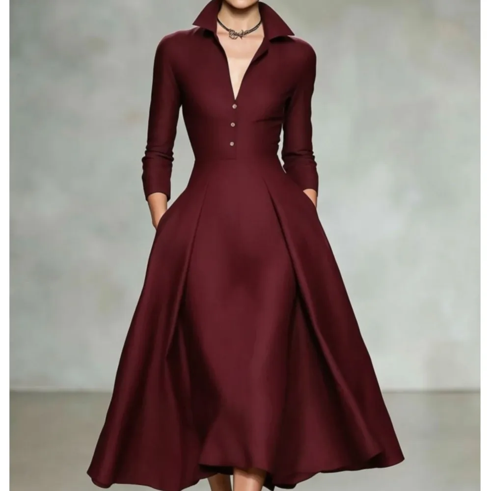 Herbst-Winter Einfarbiges V-Ausschnitt Langarm-Shirtkleid für Damen, Elegantes Revers-Knopfkleid, Lässiges Urlaubs- und Partykleid, Schlankes Kleid, Modische Streetwear