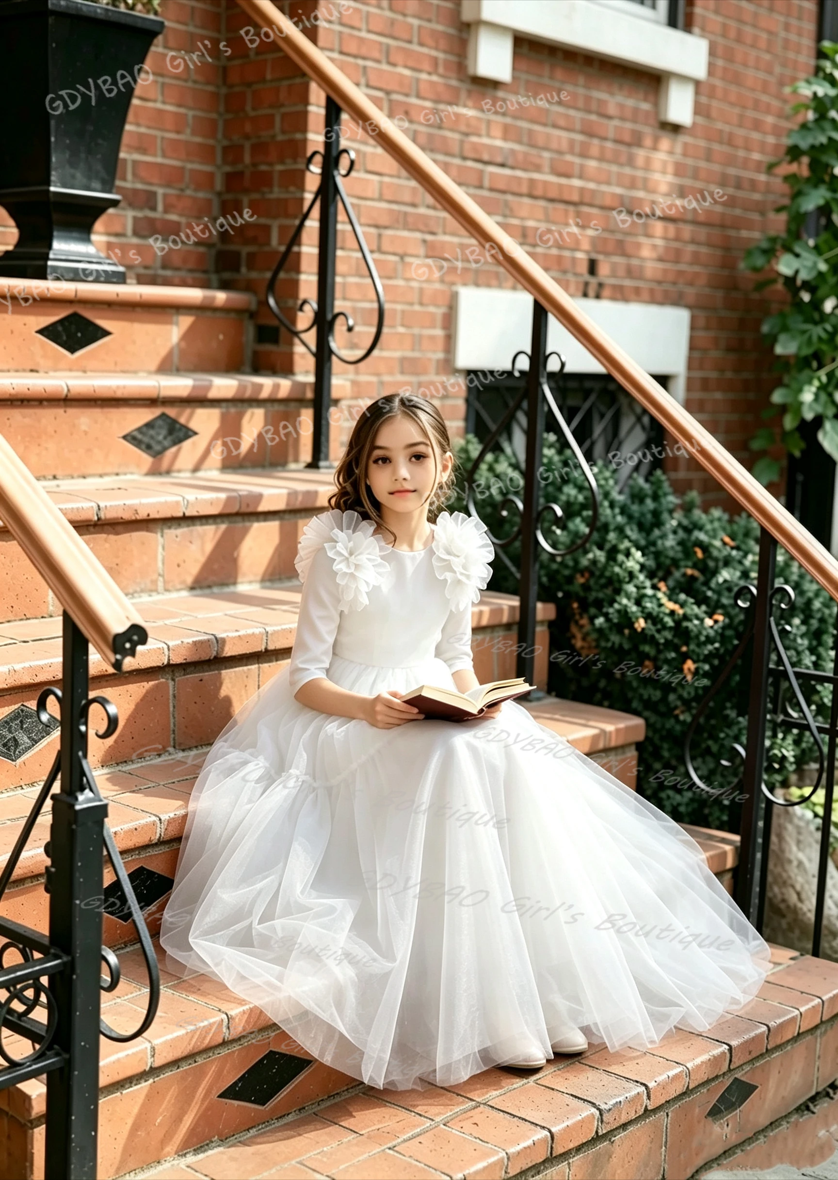 Tulle Flower Girl Dress For Wedding Party half Sleeveless Applique Puffy Floor Length Princess Kids First Communion Ball Gown