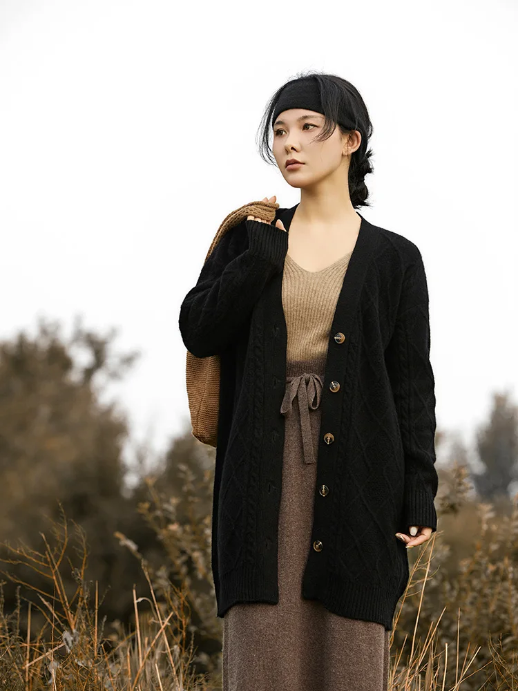 100% lana merino maglione da donna autunno inverno scollo a V cardigan lavorato a maglia allentato manica lunga abbigliamento top casual capispalla spessi
