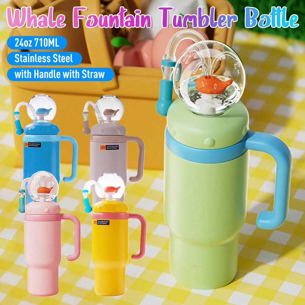 

24oz Stainless Steel Whale Fountain Tumbler with Handle Drinking Cup Leak Proof Whale Squirt Water Cup with Straw Gifts