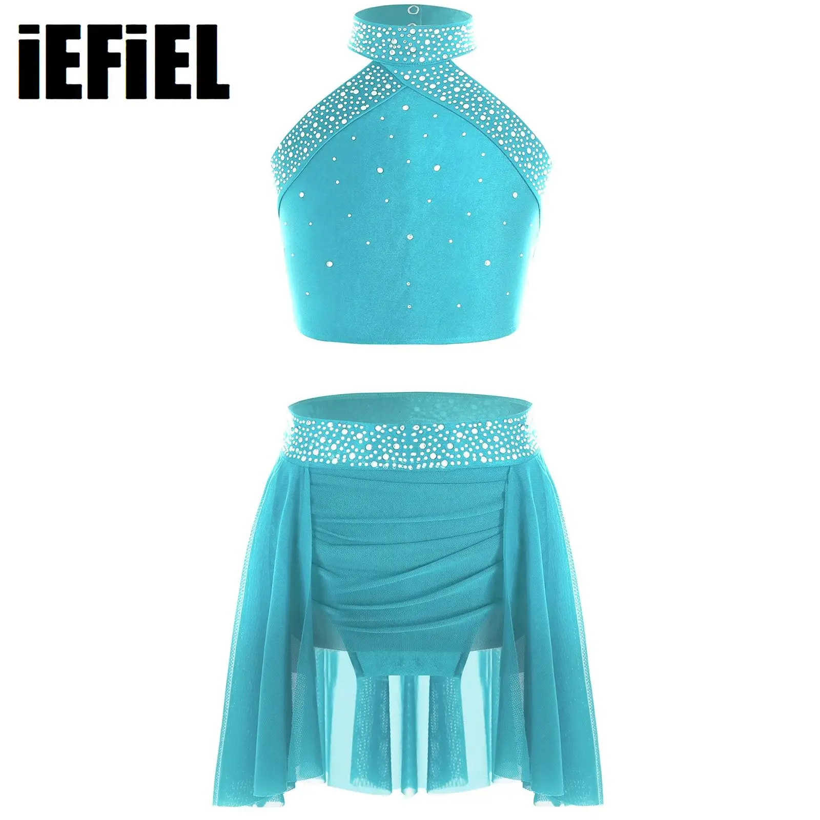 

Kids Girls Sparkly Rhinestones Dance Outfit Halter Neck Sleeveless Backless Cross Back Vest with Ruched Irregular Skirt