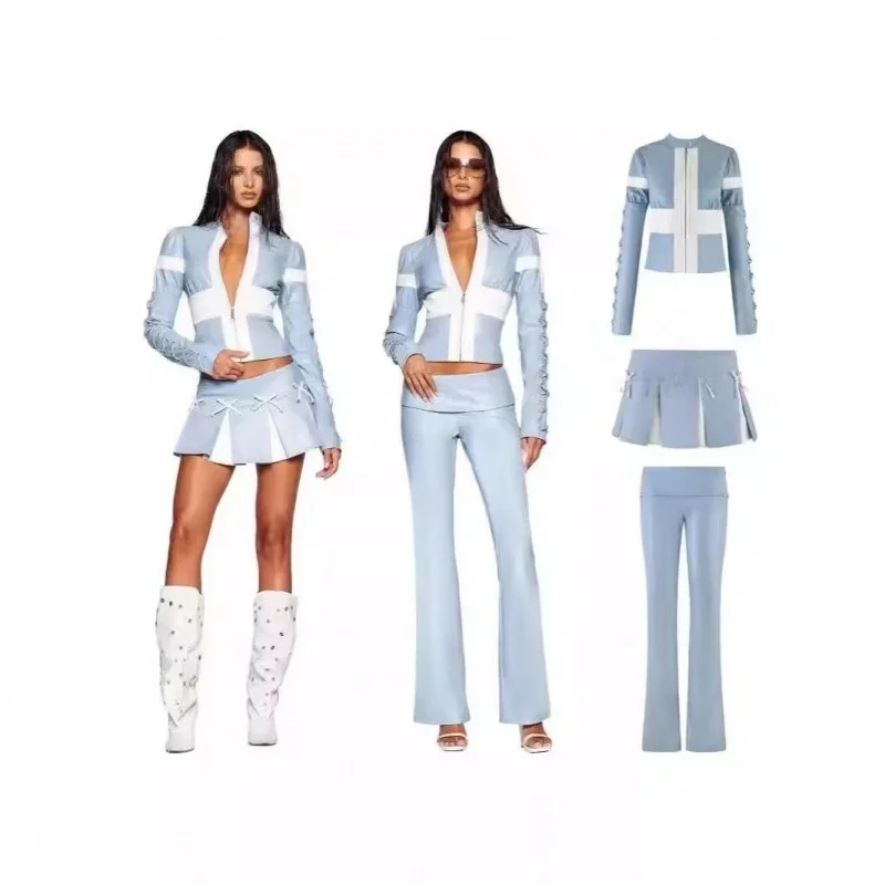 

Комплект из куртки и юбки из искусственной кожи IIA с текстурой, с молнией на плече, плиссированной длинной юбкой и брюками из полиэфирного волокна