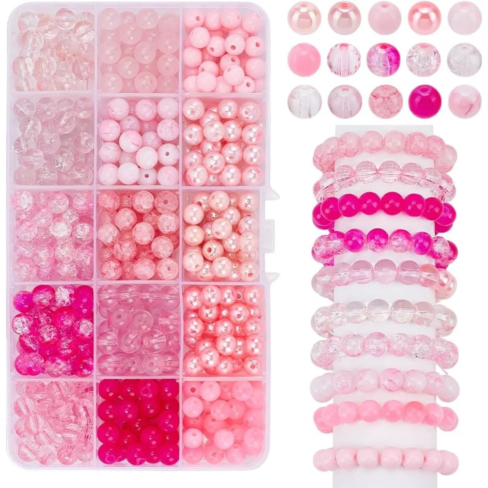 450 قطعة 8 مللي متر الخرز الزجاجي الوردي 15 أنماط الخرز المفرقعة الخبز رسمت حبة الاكريليك فضفاض الخرز الفواصل لصداقة بوهو