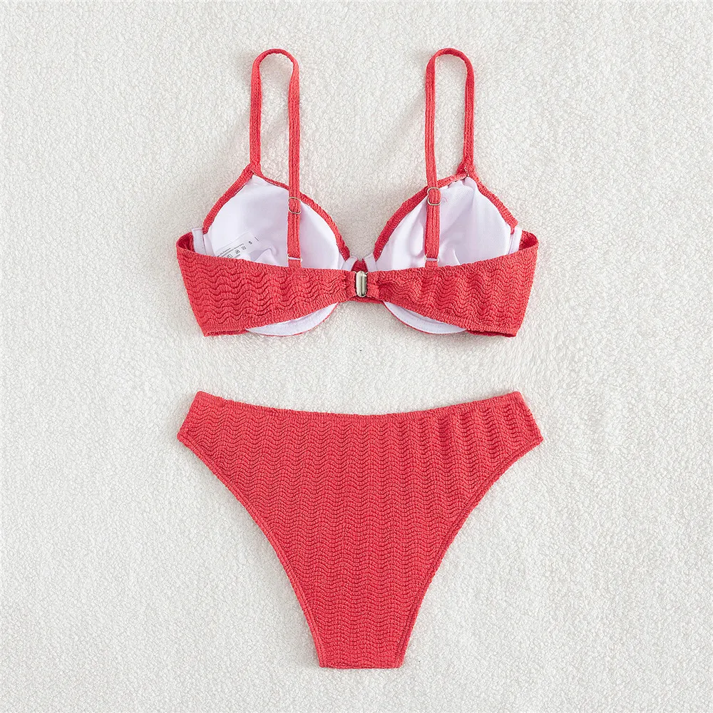 Traje De baño liso con textura roja, Bikini Sexy para Mujer, nuevo traje De baño 2021, Tanga De cintura baja, conjuntos De Bikinis brasileños De Mujer