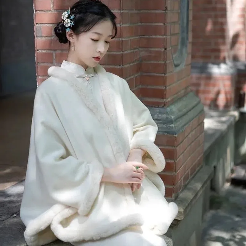 

Women Shawl Thicken Loose Cheongsam Cardigan Coat Fashion V-neck Cape Femme Autumn Winter Vintage Solid Color Cloak