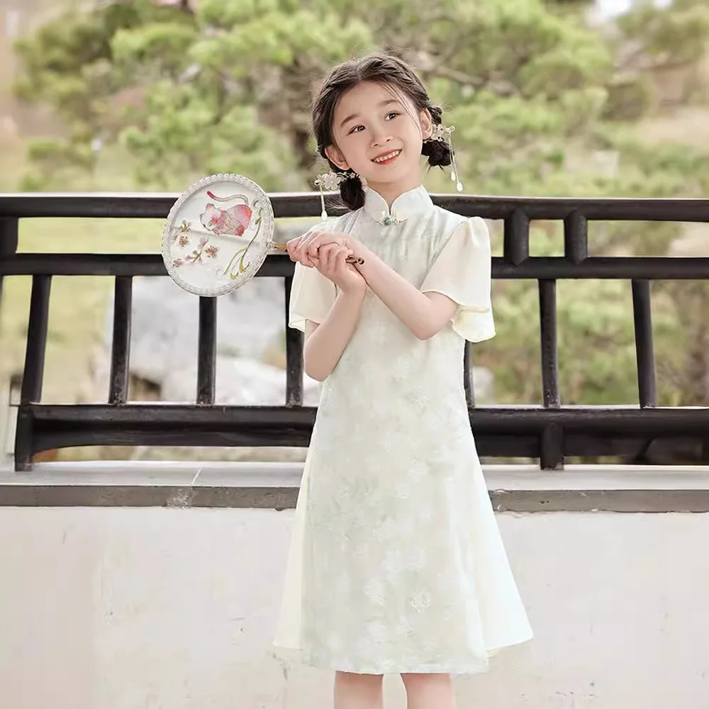 Yourqipao Summer Children Girls Improved Cheongsam Chinese Style Retro Fashion Daily Qipao Performance Photo Dress for Women