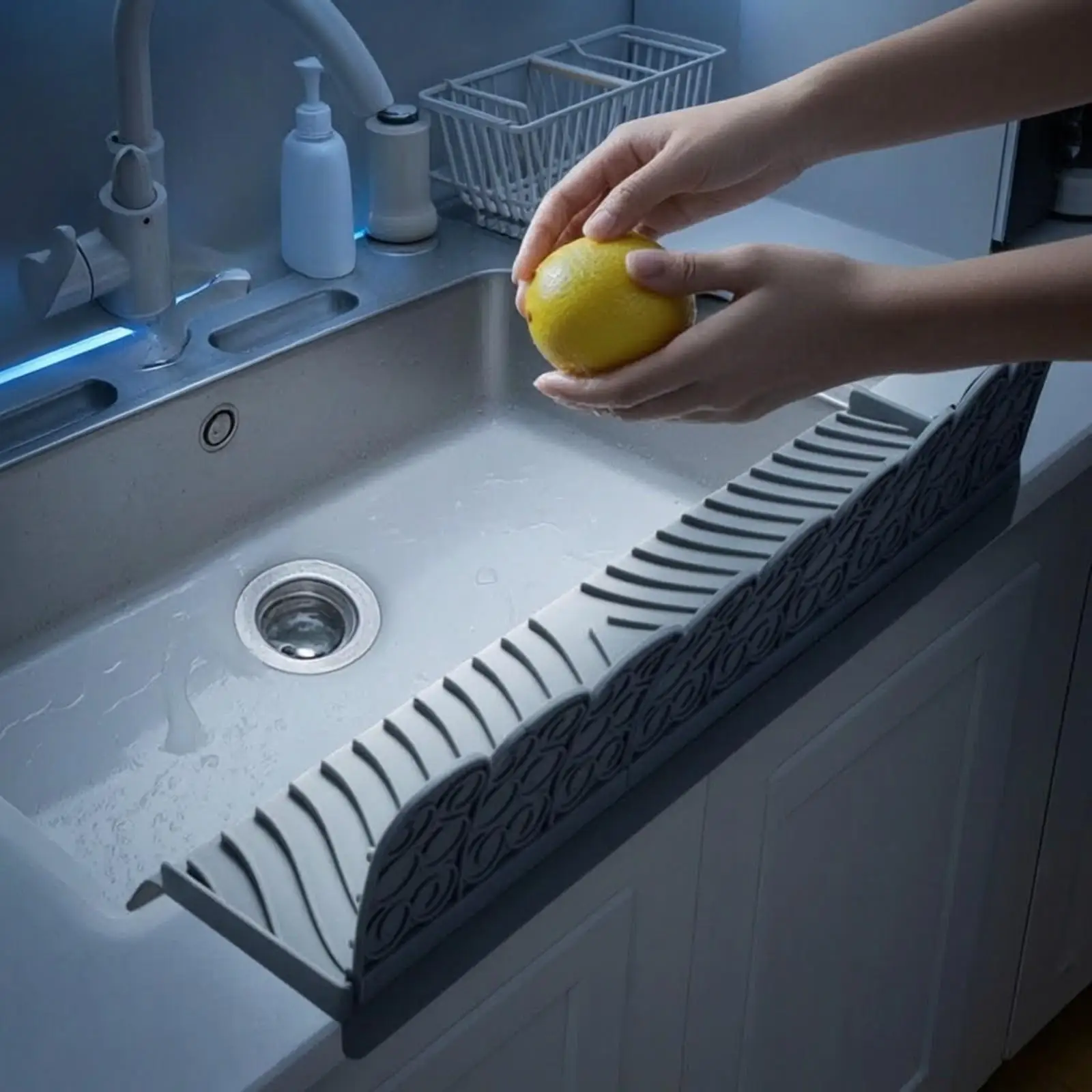 Sink Water Splash Guard for Kitchen Counter Silicone Spatter Protector with Ribbed Base and Vertical Barrier Panel