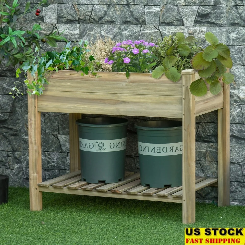 

Elevated Wooden Garden Bed Planter Box with Storage Shelf Vegetables Herbs Flowers Patio Balcony Mobile Trough Design