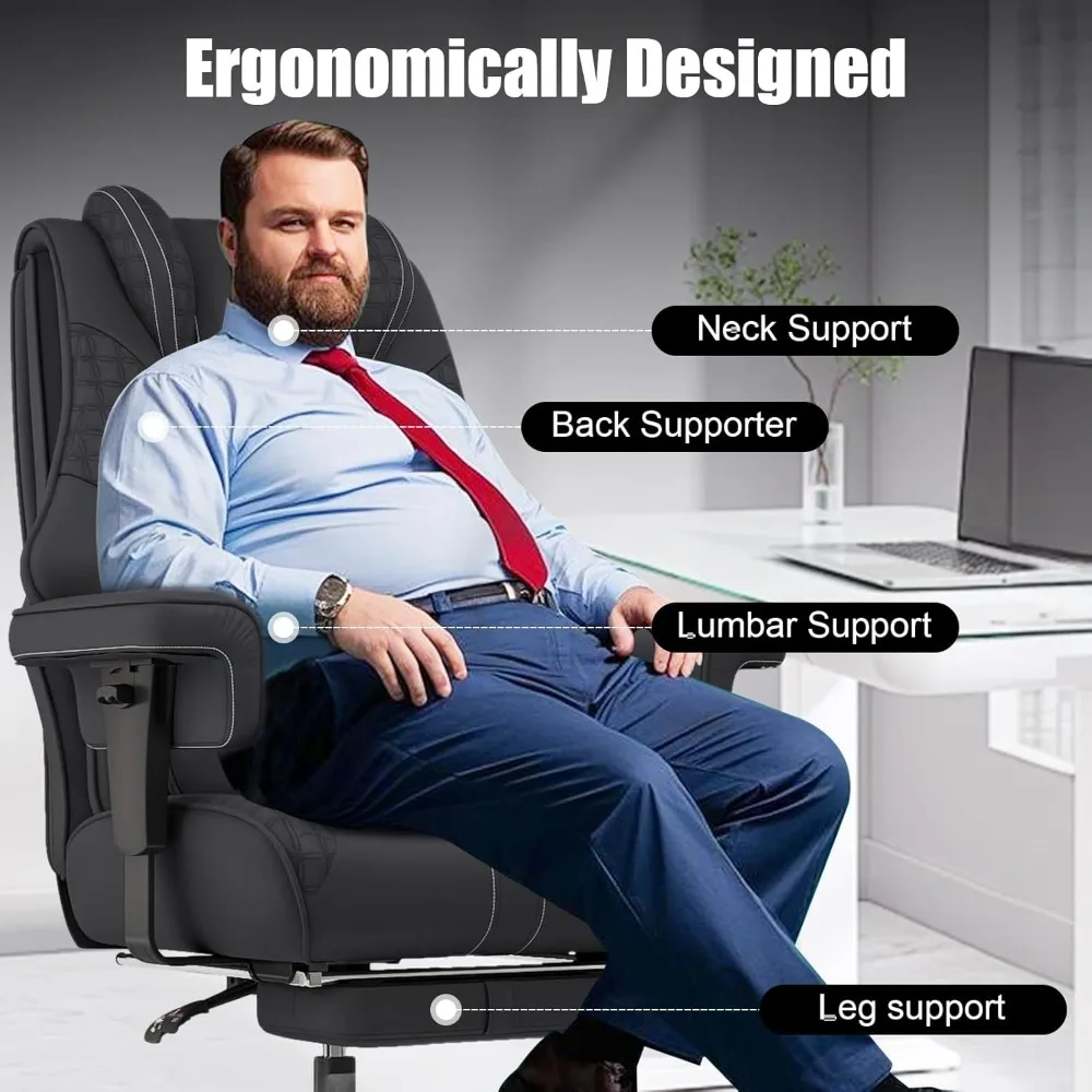 Большое и высокое офисное кресло, кожаное офисное кресло с подставкой для ног для тяжелых людей, широкая эргономичная удобная высокая спинка