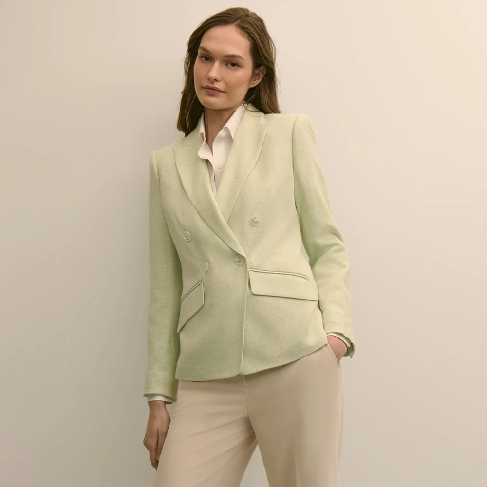 

Light Green Women's Double Breasted Suit Summer Breathable Casual Office Tailored Jacket Pants 2 Piece Set Daily Female Outfit