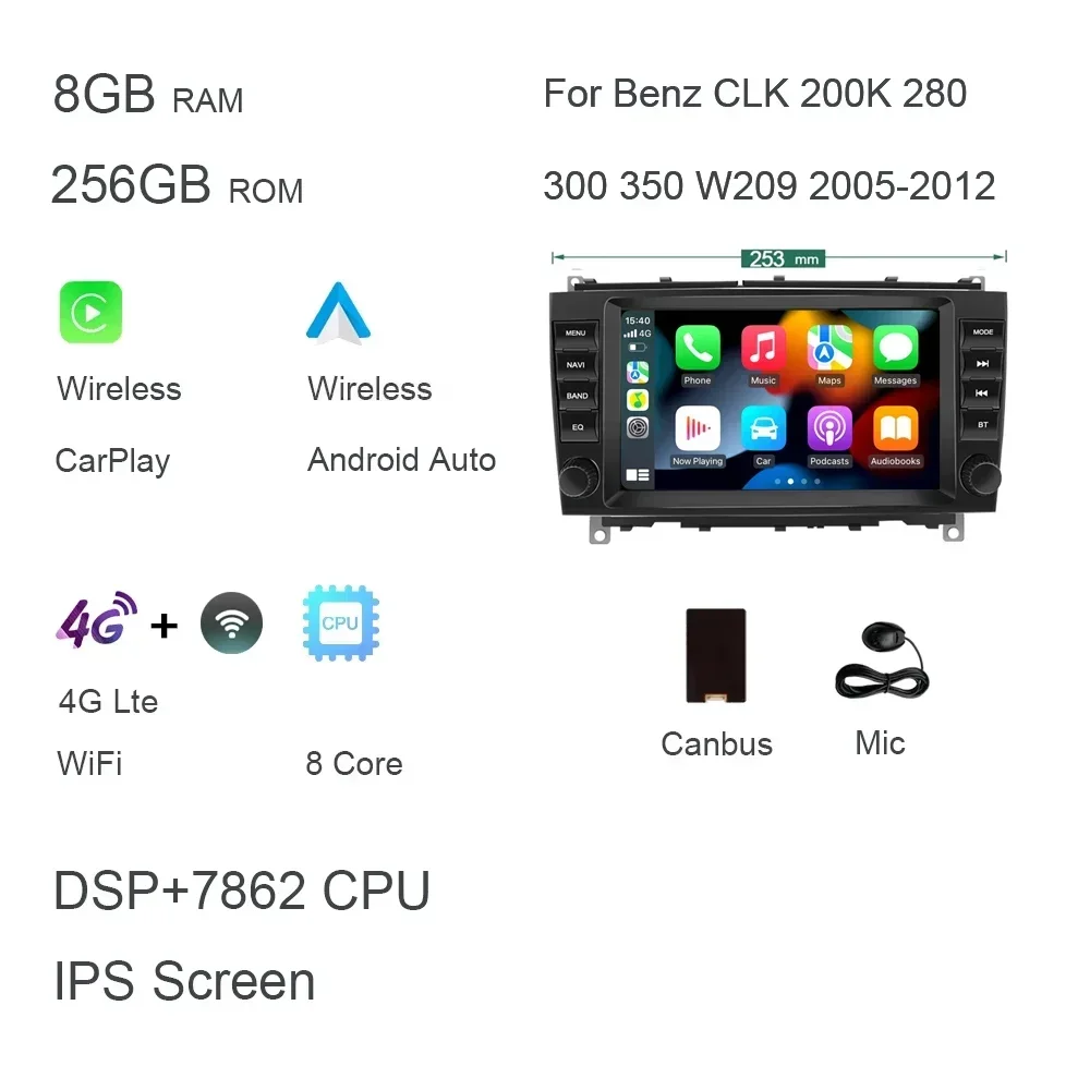 720P Carplay 8 "Android 14.0 8G + 256G Auto Dvd-speler Autoradio GPS navigatie Voor Benz CLK 200K 280 300 350 W209 2005-2012 Radio