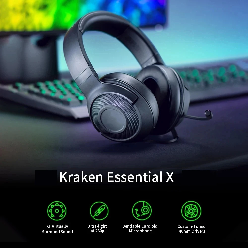 Kraken X Wired Gaming Headset with 40mm Drivers 7.1 Surround Sound HD Microphone and ANC for Enhanced Audio Experience