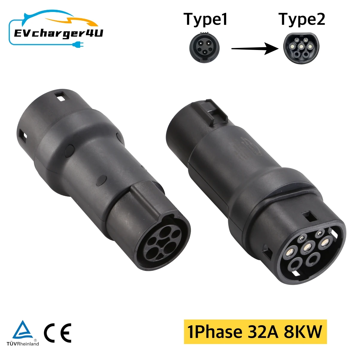 EVcharger4U Type1 to Type2 EV Charging Adapter 1Phase 250V 32A 8KW on J1772 Charger for IEC62196 Type 2 Electric Vehicle