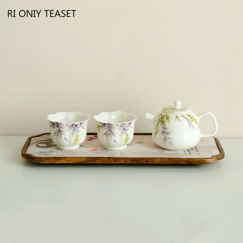 

Chinese Ceramic Tea Set Ball Hole Filter Handmade Flowers Teapot Porcelain Teacup Kettle Wooden Tea Tray Household Teaware