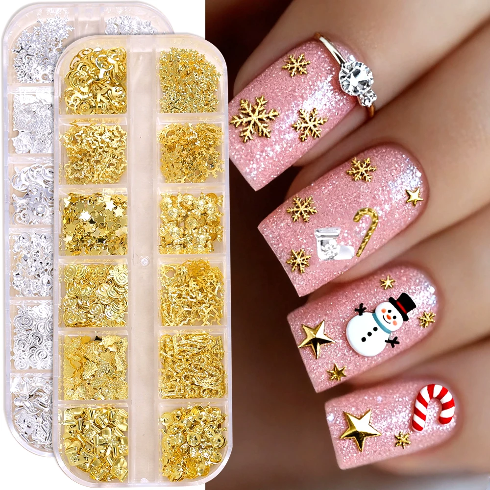 12Grids Christmas Nail Art Charms Jewelry Gold Silver Star Snowflake Candy Nail Art Decoration Parts DIY Manicure Nails Supplies