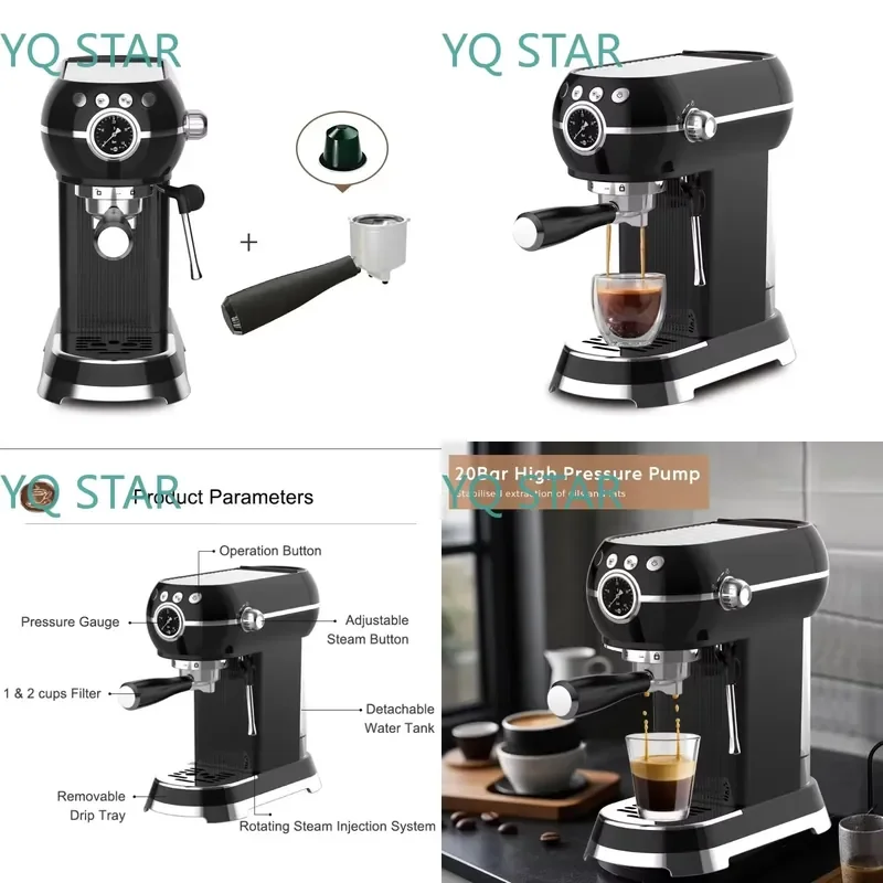 Professional 1350W Stainless Steel Espresso Machine Retro Style 20Bar Semi-Automatic Coffee Maker for Household Electric