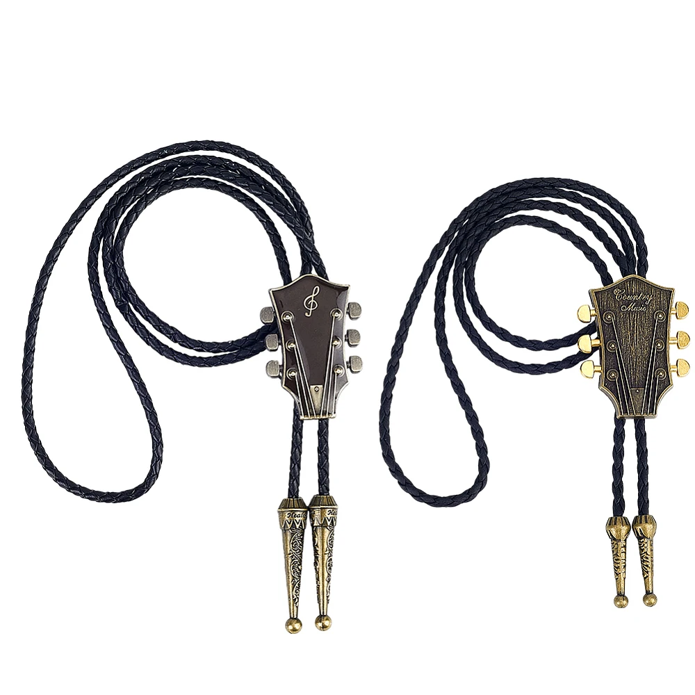 2Pcs Guitar Bolo Tie Cowboy Rodeo Western Bolo Tie Bronze Cowboy Ties Necklace Leather Necktie Rope Ties Costume Accessories