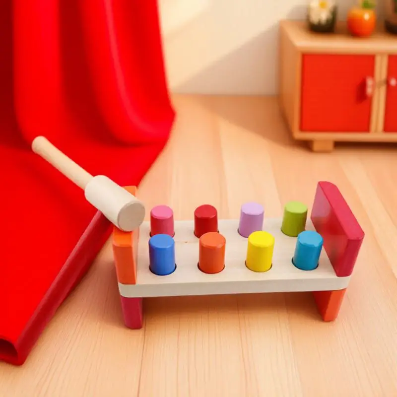 Wooden Hammer Pounding Bench 8 Pegs Preschool Educational Early Learning for Toddlers Kids Fine Motor Skills Color