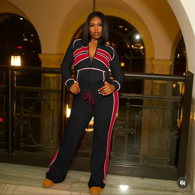 

Женский повседневный комплект из 2 предметов контрастного цвета в стиле пэчворк, куртки на молнии с длинными рукавами, топ + прямые брюки, уличная одежда, спортивные костюмы