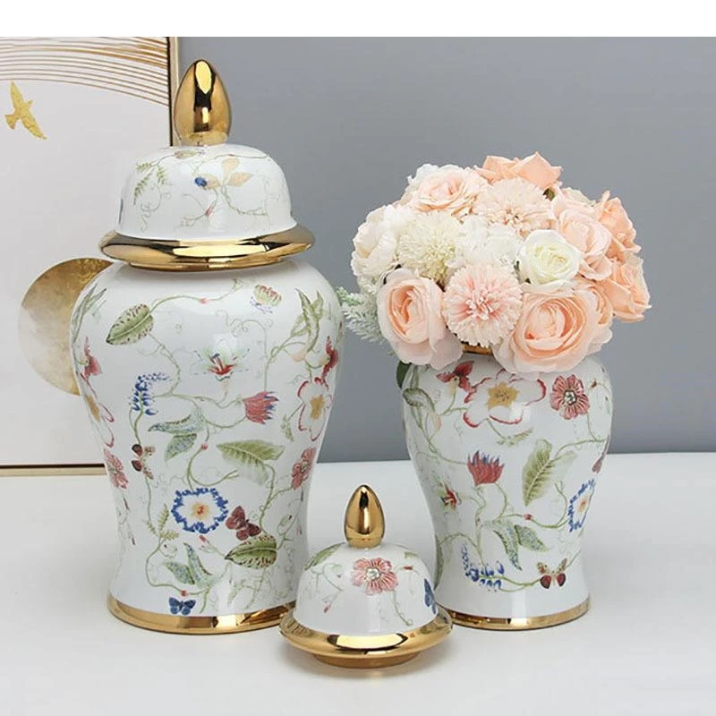 Flowers and Pattern General Jar with Lids Gold Plated Ceramic Vases Desk Decoration Jewelry Jars Cosmetic Containers