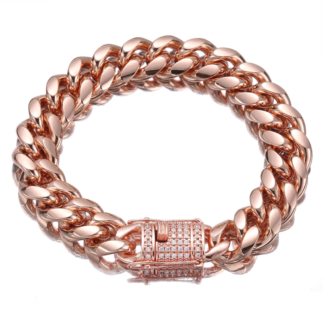 Granny Chic Stainless Steel Rose Gold Tone Women Men's Miami Cuban Link Chain Bracelet with CZ Lock 10mm/14mm Width
