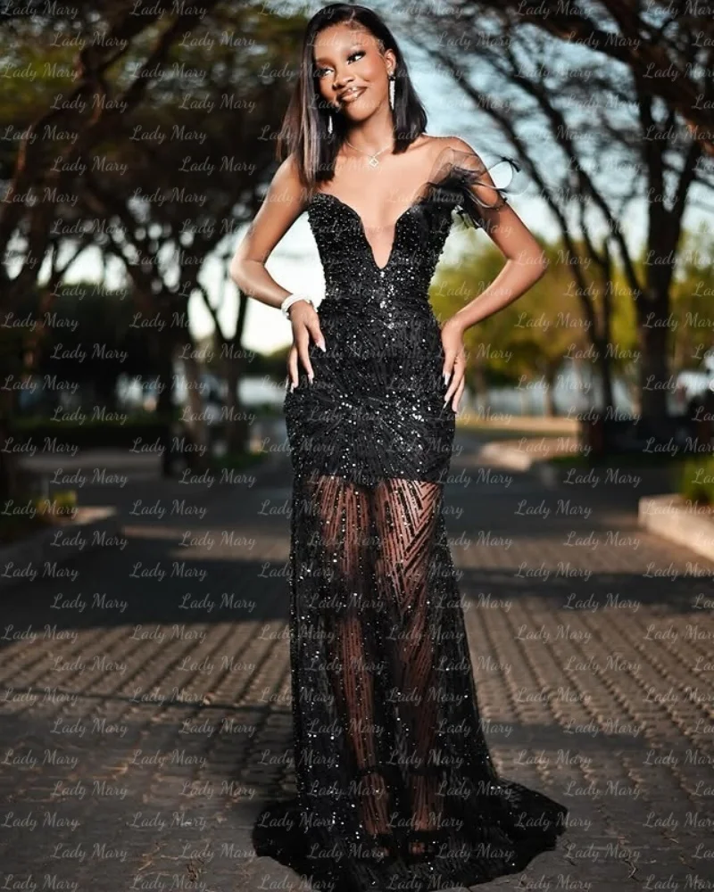 Customized Black Mermaid Prom Dresses Sequins Beads Illusion Mermaid Girl Graduation Birthday Party Gowns Vestido De