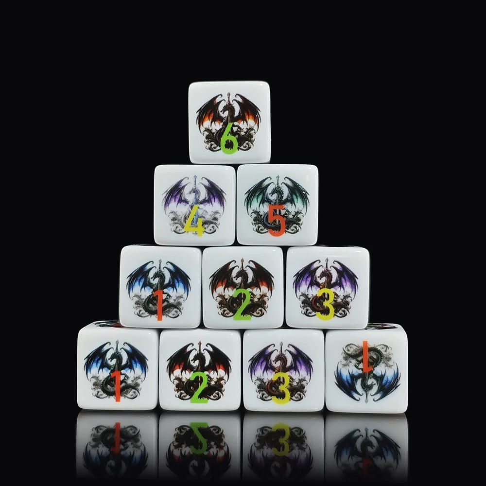 12Pcs 16MM D6 Multi Color Dragon Pattern Printed White Acrylic Dice Kit For Dungeons & Dragons Board Game Daily Entertainment