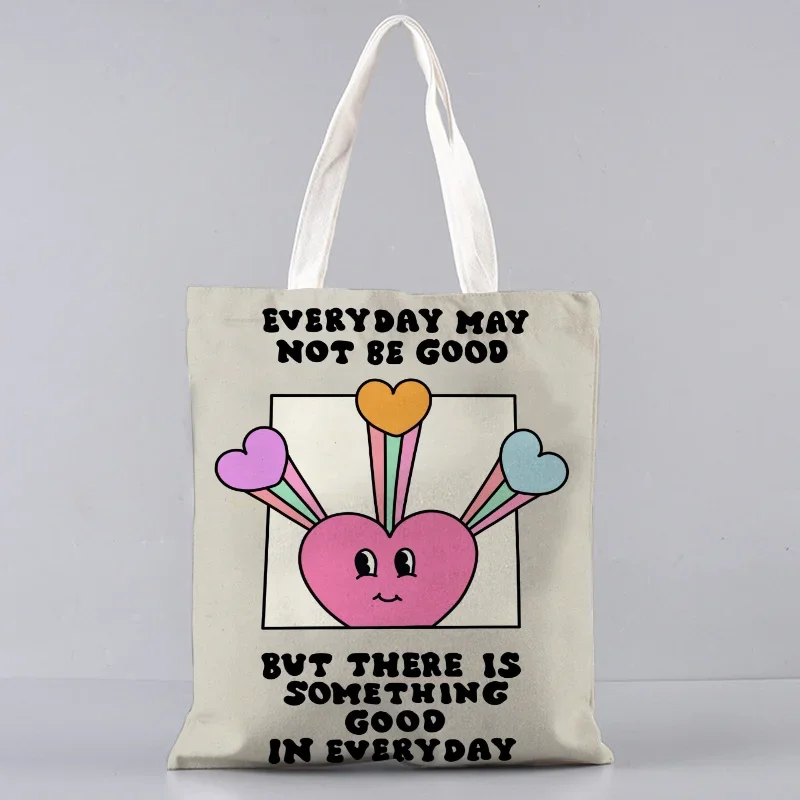 Impressão de pensamento positivo novo design bolsa de ombro de lona sacos de compras estudantes saco de livro de algodão pano bolsas tote para a menina