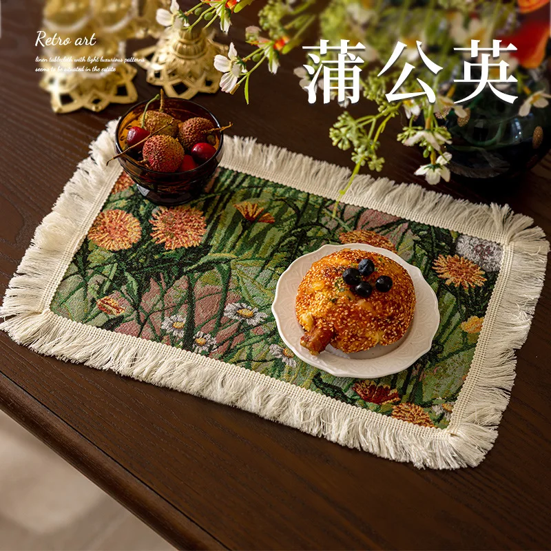 

American Vintage Floral Oil Painting Tablecloth Retro Fabric Placemat Fringe Home Decor Showroom Display
